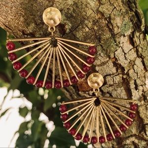 Ethnic Geometric Fan Earrings Brass Red Beads New